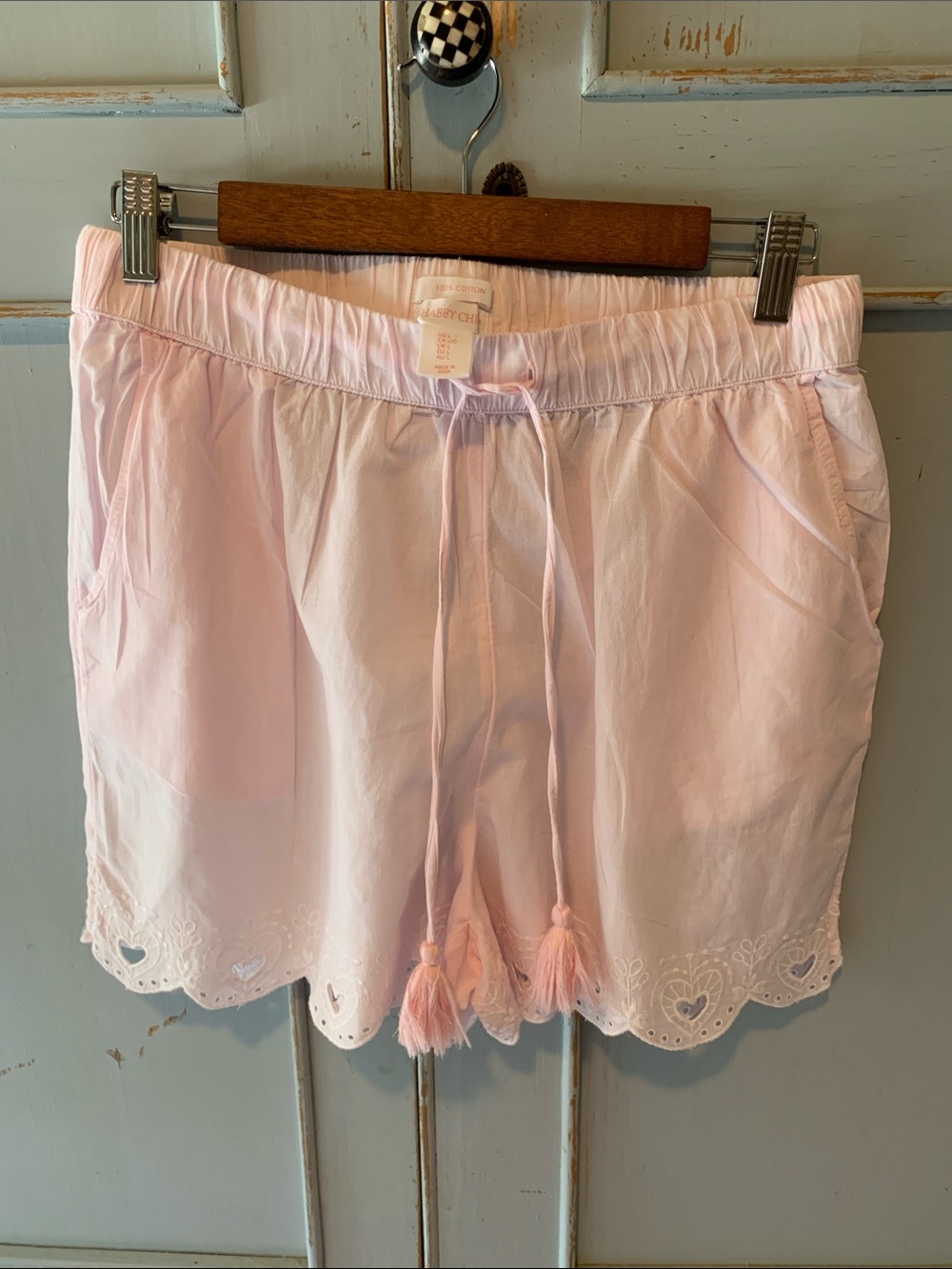 Shabby Chic Pale Pink Cotton Drawstring Shorts w Tassels Size L